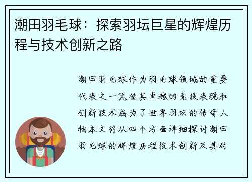 潮田羽毛球：探索羽坛巨星的辉煌历程与技术创新之路